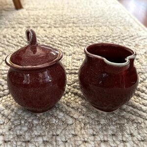 Handmade Red Ceramic Sugar and Creamer Set